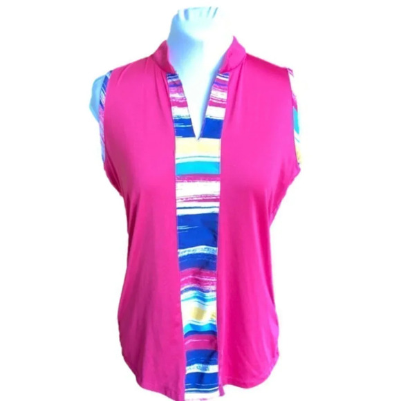 Izod Golf Fuchsia Pink V-neck Sleeveless Tank Top w Colorful‎ Stripes, Small - Picture 1 of 9